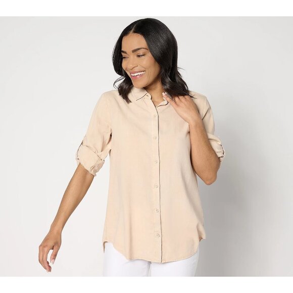 Side Stitch Button Down Roll Tab Tunic Lotus Flower Beige Tan Womens Size Medium - Picture 1 of 5